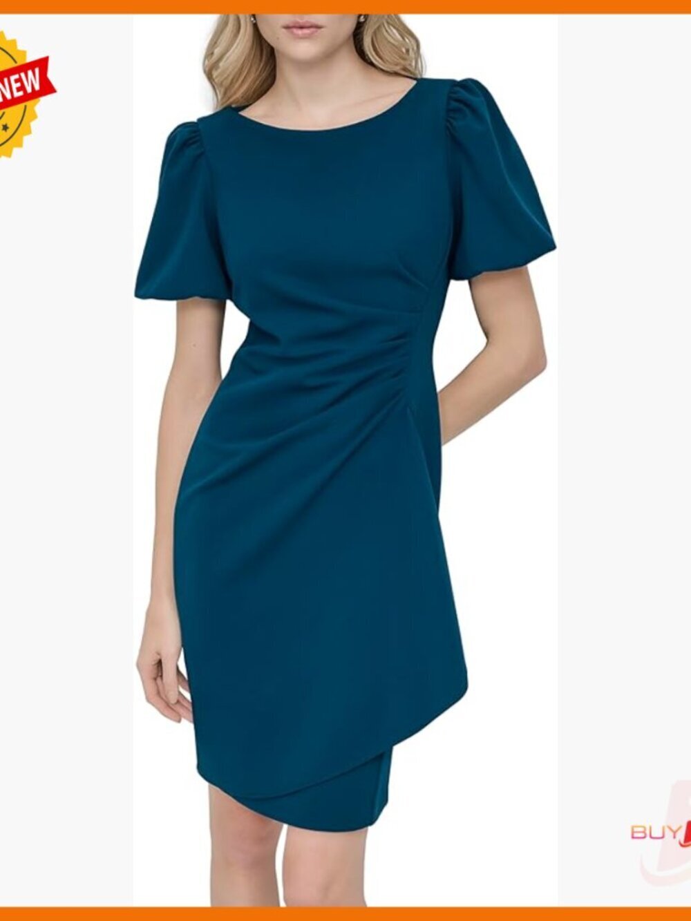 Short Sleeve Boat Neck Side Ruched Work Dress, Scuba Crepe Fabric